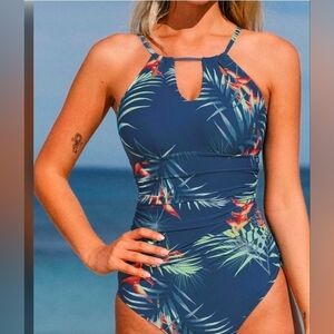 Cupshe Floral Cutout Halter One-Piece Swimsuit Sexy Lace Up Back XXL